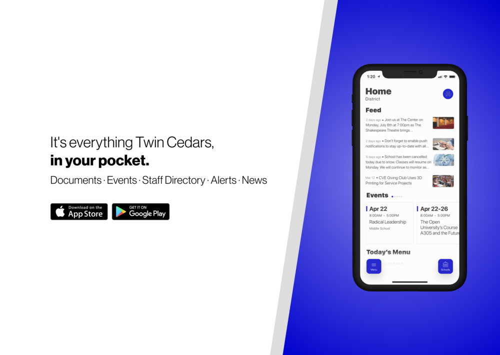 It's everything Twin Cedars, in your pocket. Download on Google Play and App Stores.